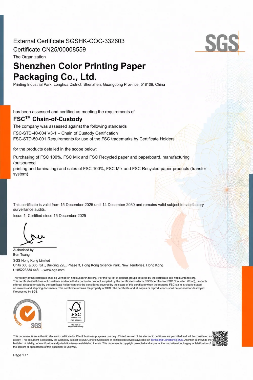 SGS FSC Chain of Custody certificate SGSHK-COC-332603 for Shenzhen Color Printing Paper Packaging Co., Ltd.