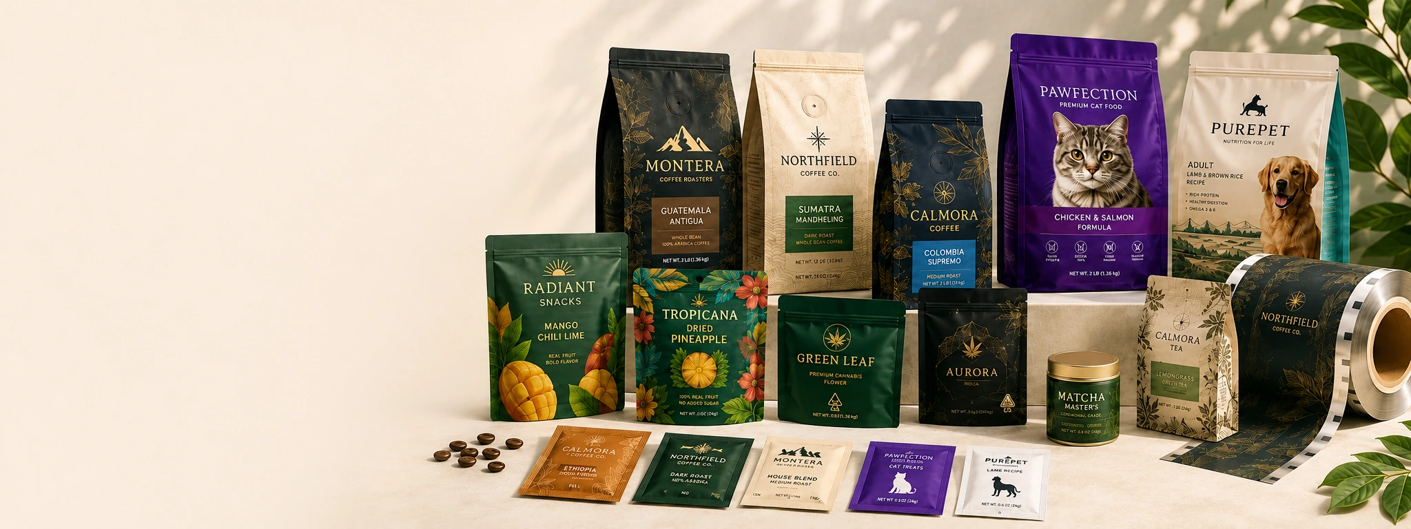 Flexible packaging products including custom coffee bags, pet food pouches, cannabis bags and roll stock packaging