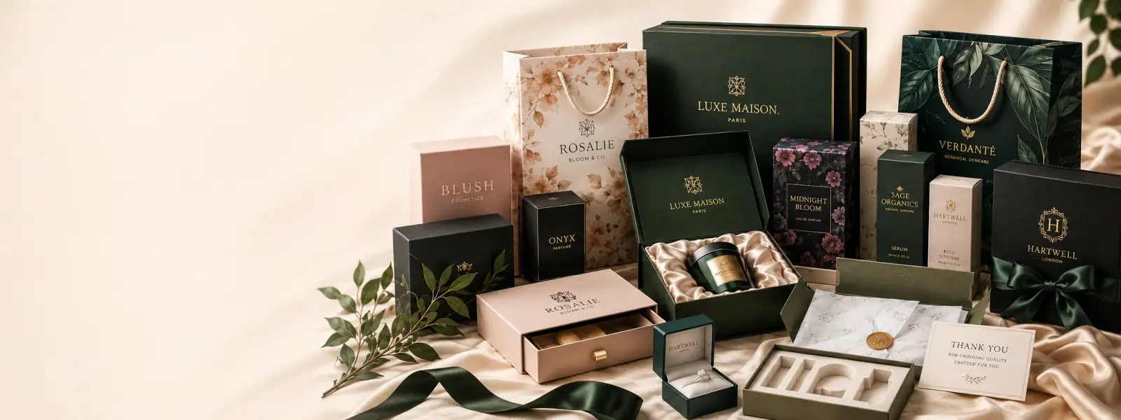 Luxury packaging products including premium rigid boxes, magnetic gift boxes, paper bags and branded retail packaging