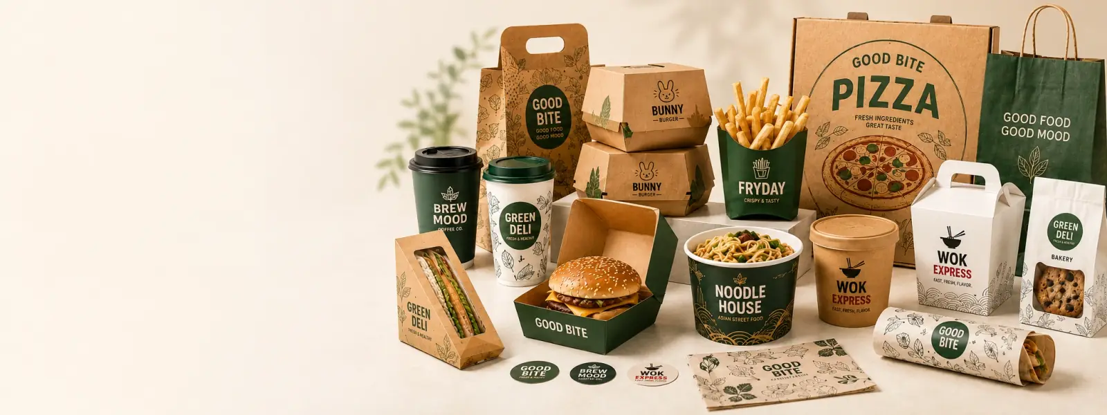 Food packaging products including burger boxes, fries boxes, cups, bowls, sandwich packs and takeaway bags