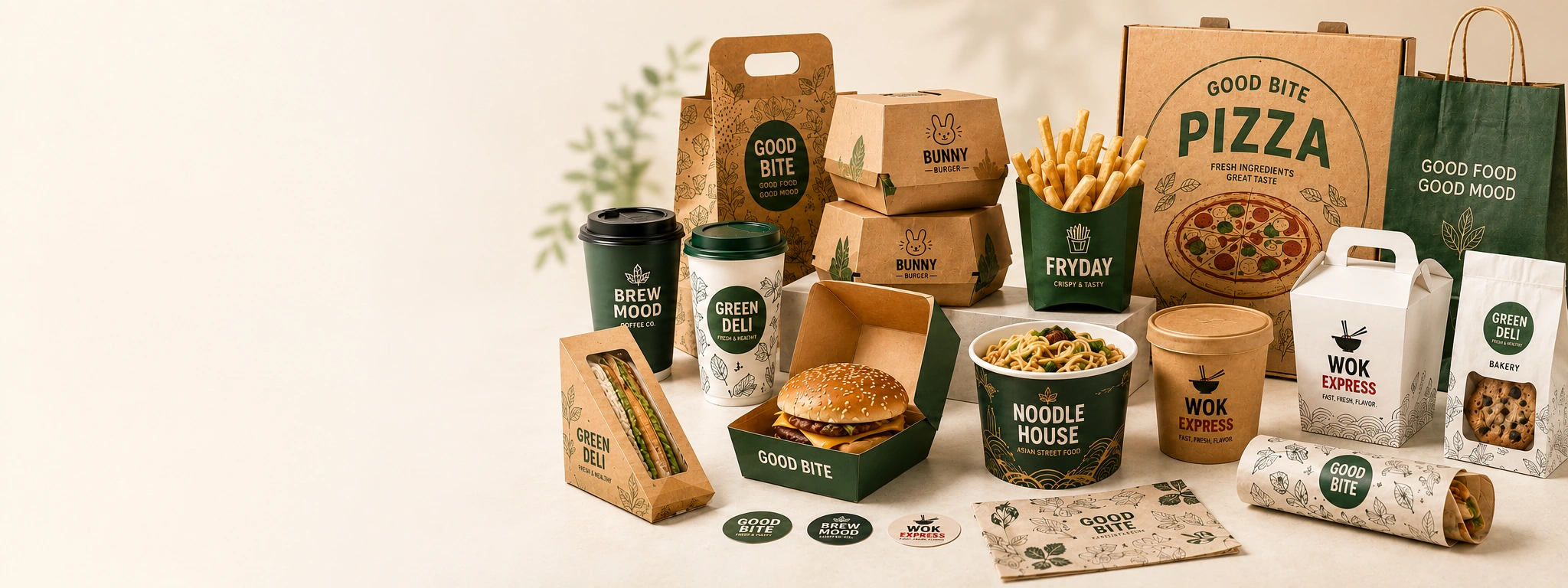 Food packaging products including burger boxes, fries boxes, cups, bowls, sandwich packs and takeaway bags