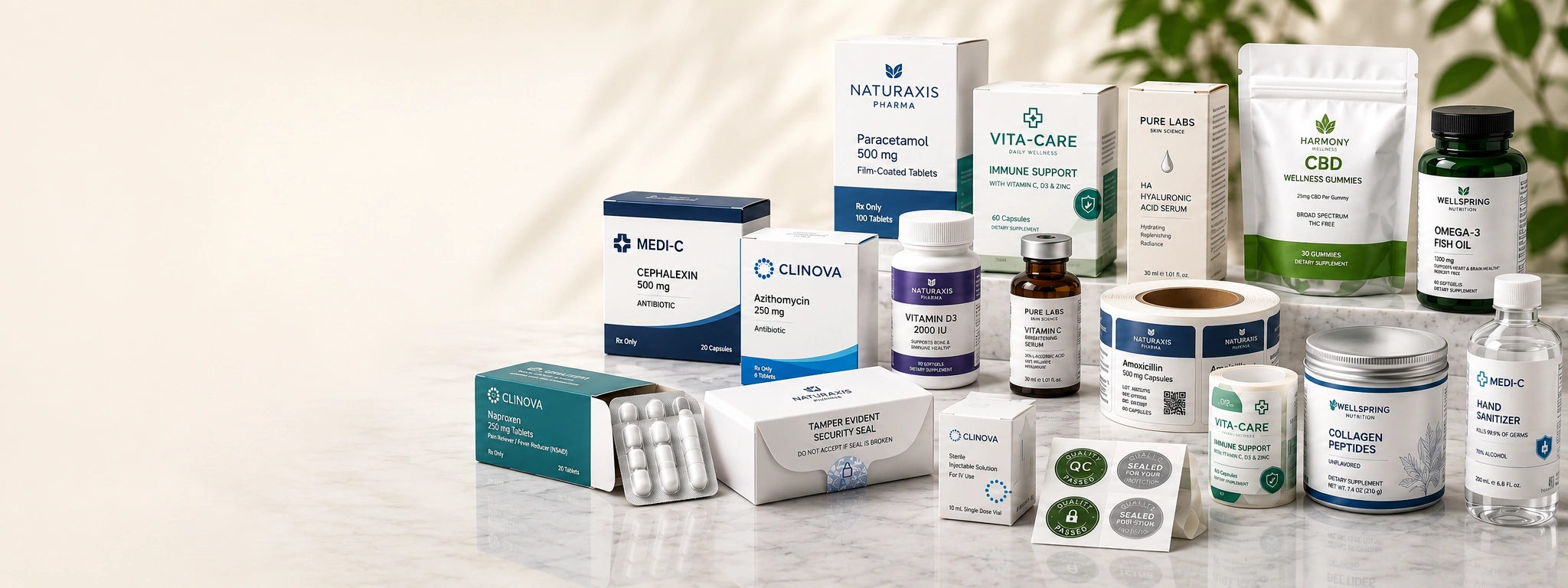 Pharmaceutical packaging products including medicine boxes, labels, bottles and compliant healthcare packaging