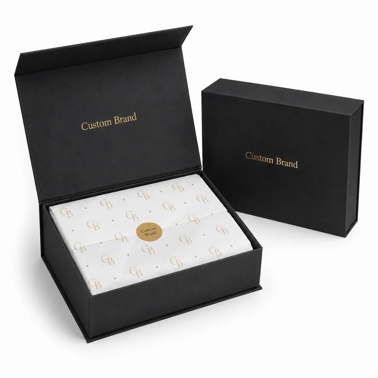 Custom Black Foldable Magnetic Gift Boxes with Tissue Paper and Stickers
