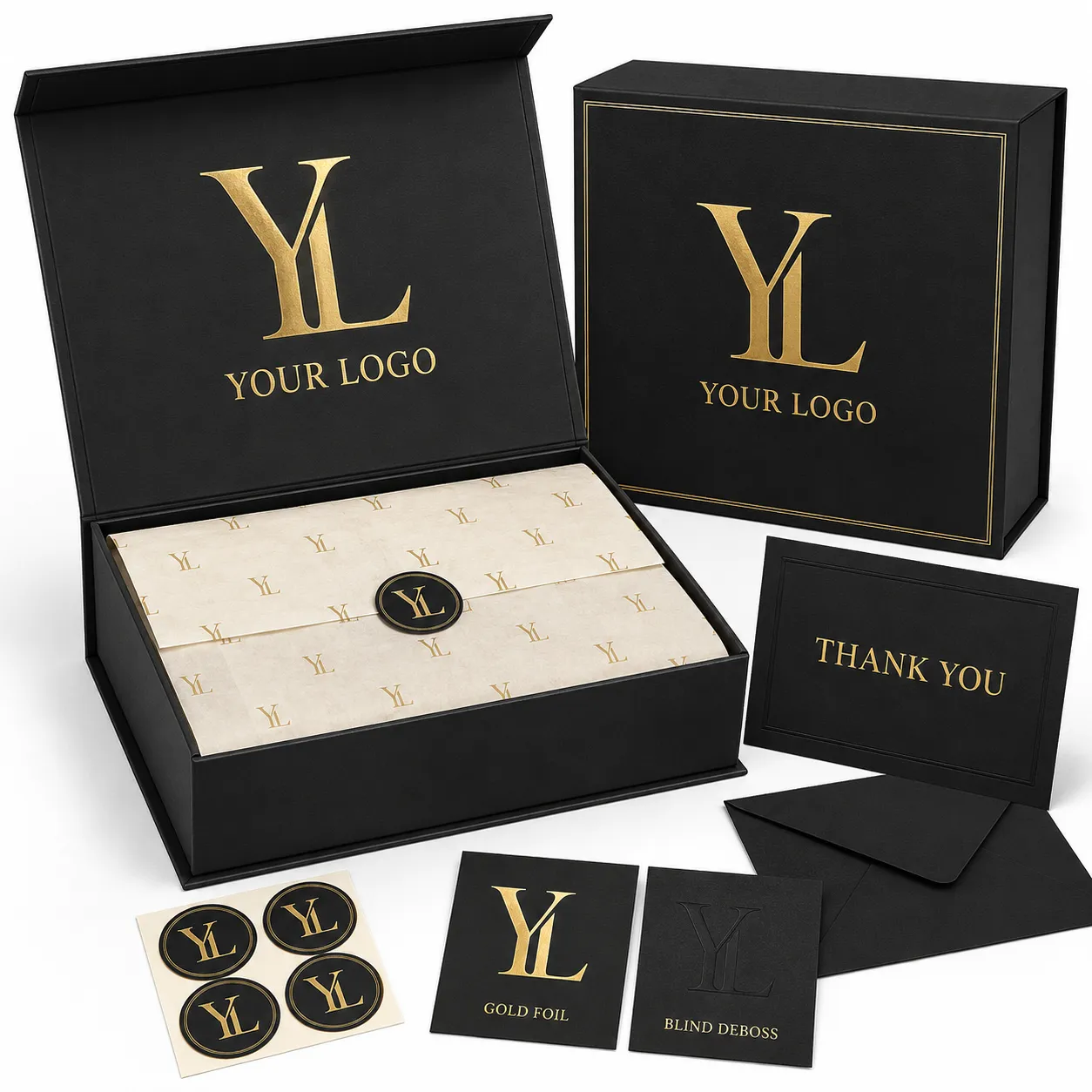 Cajas Magnéticas Negras Personalizadas con Papel de Seda de Marca