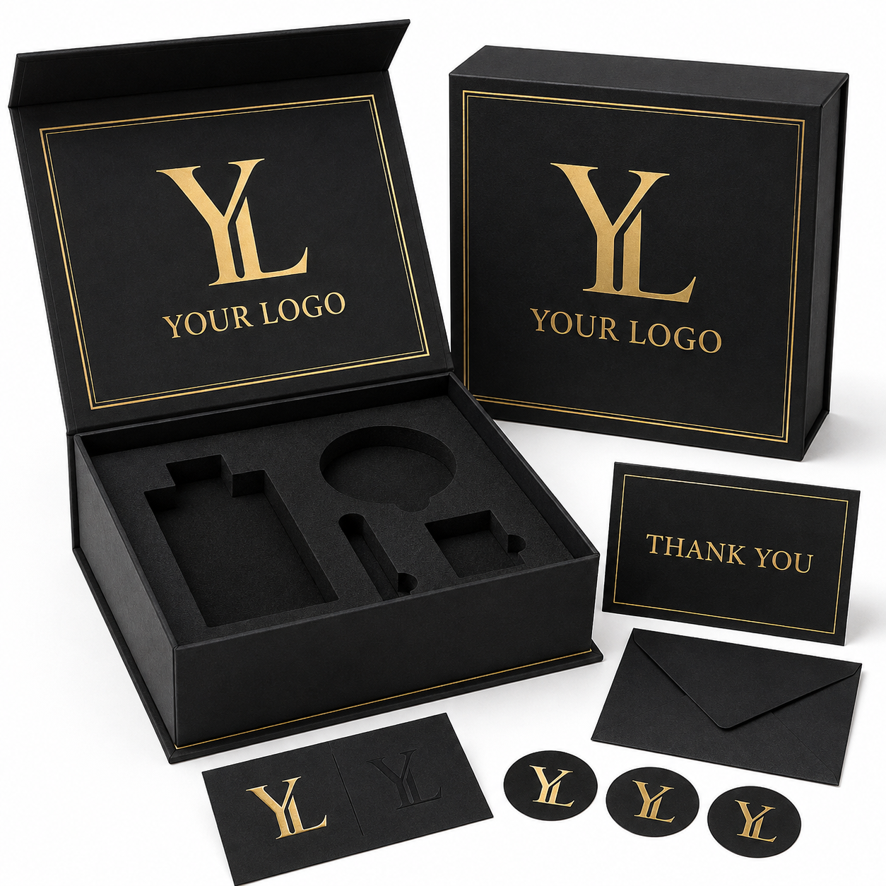 Custom Black Magnetic Cosmetic Boxes with Die-Cut Foam Inserts main view