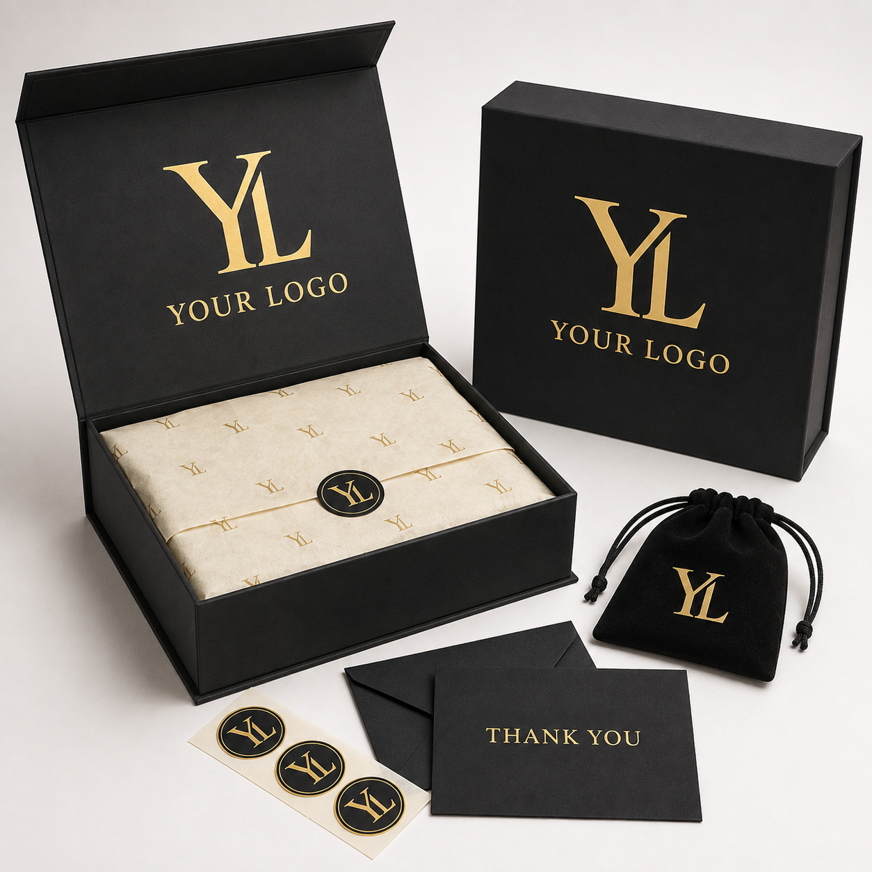 Custom Black Magnetic Jewelry Gift Boxes with Velvet Pouches main view