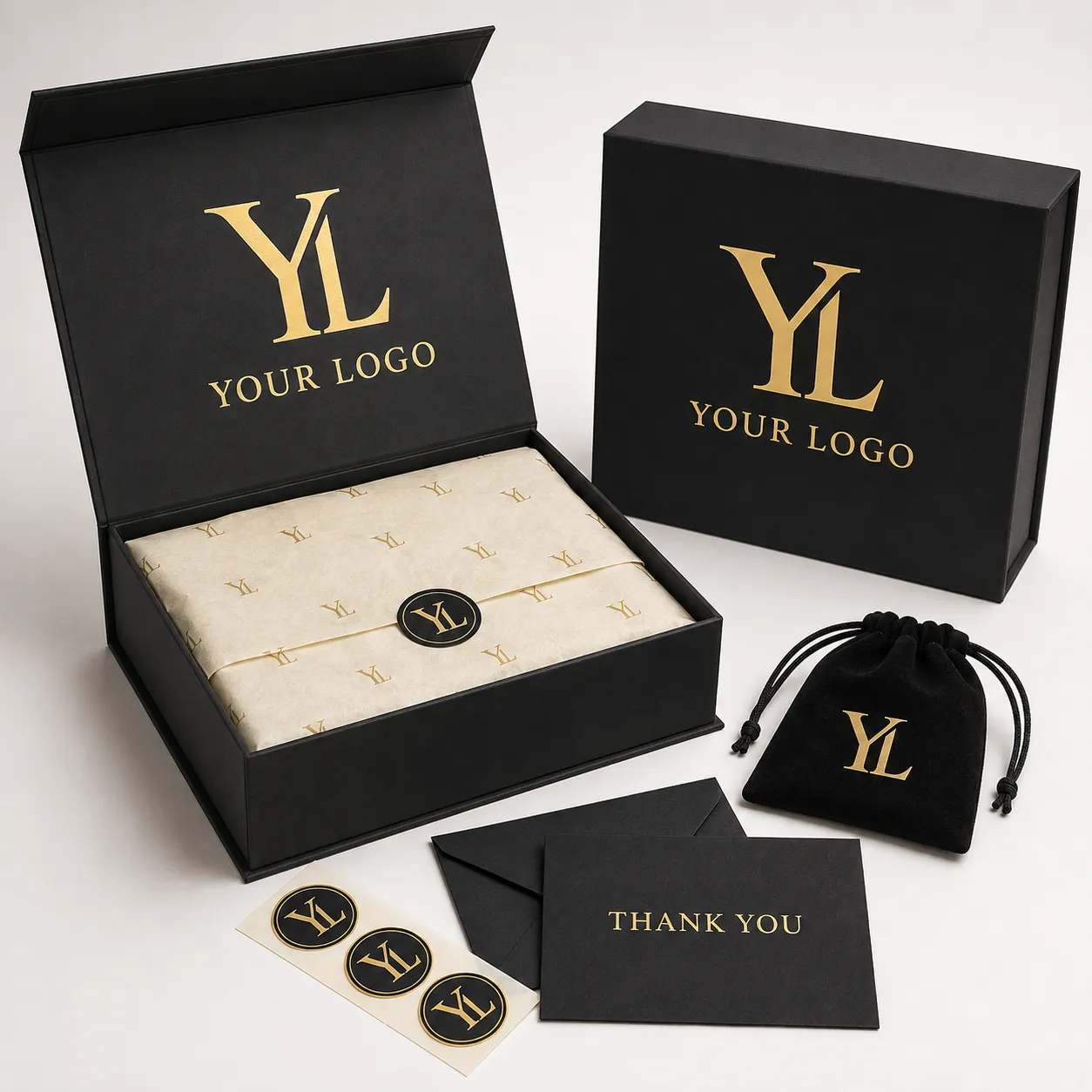 Cajas de Joyería Magnéticas Negras con Bolsas de Terciopelo