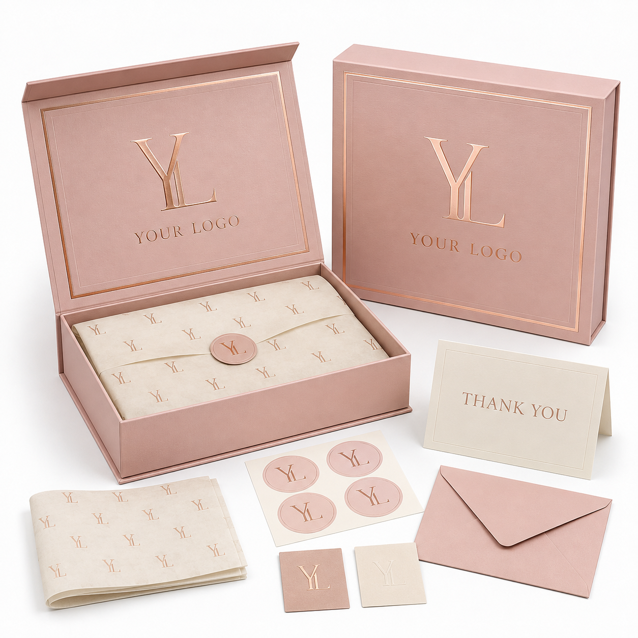 Custom Blush Pink Magnetic Gift Boxes with Branded Tissue Paper main view