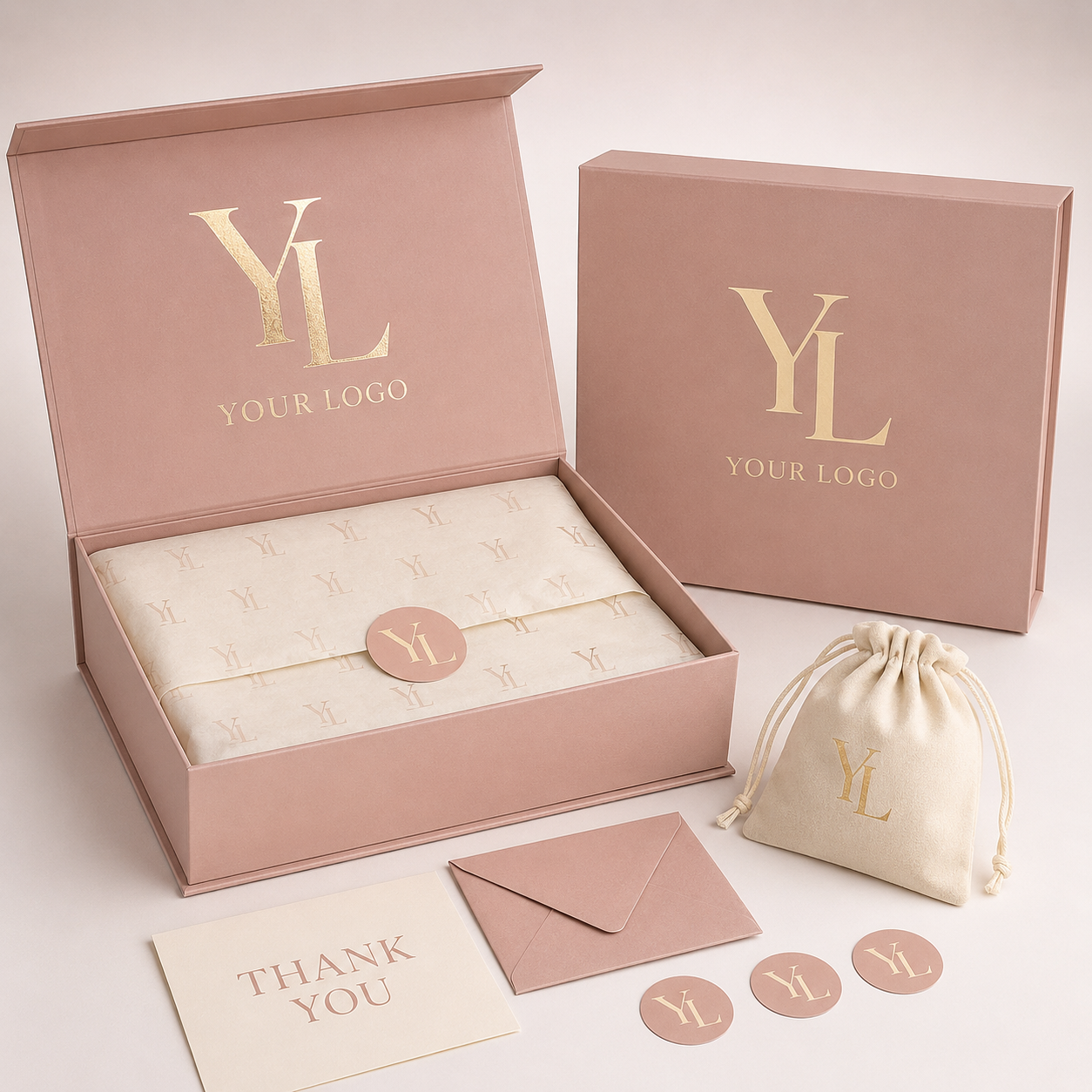 Custom Dusty Rose Magnetic Gift Boxes with Drawstring Pouches main view