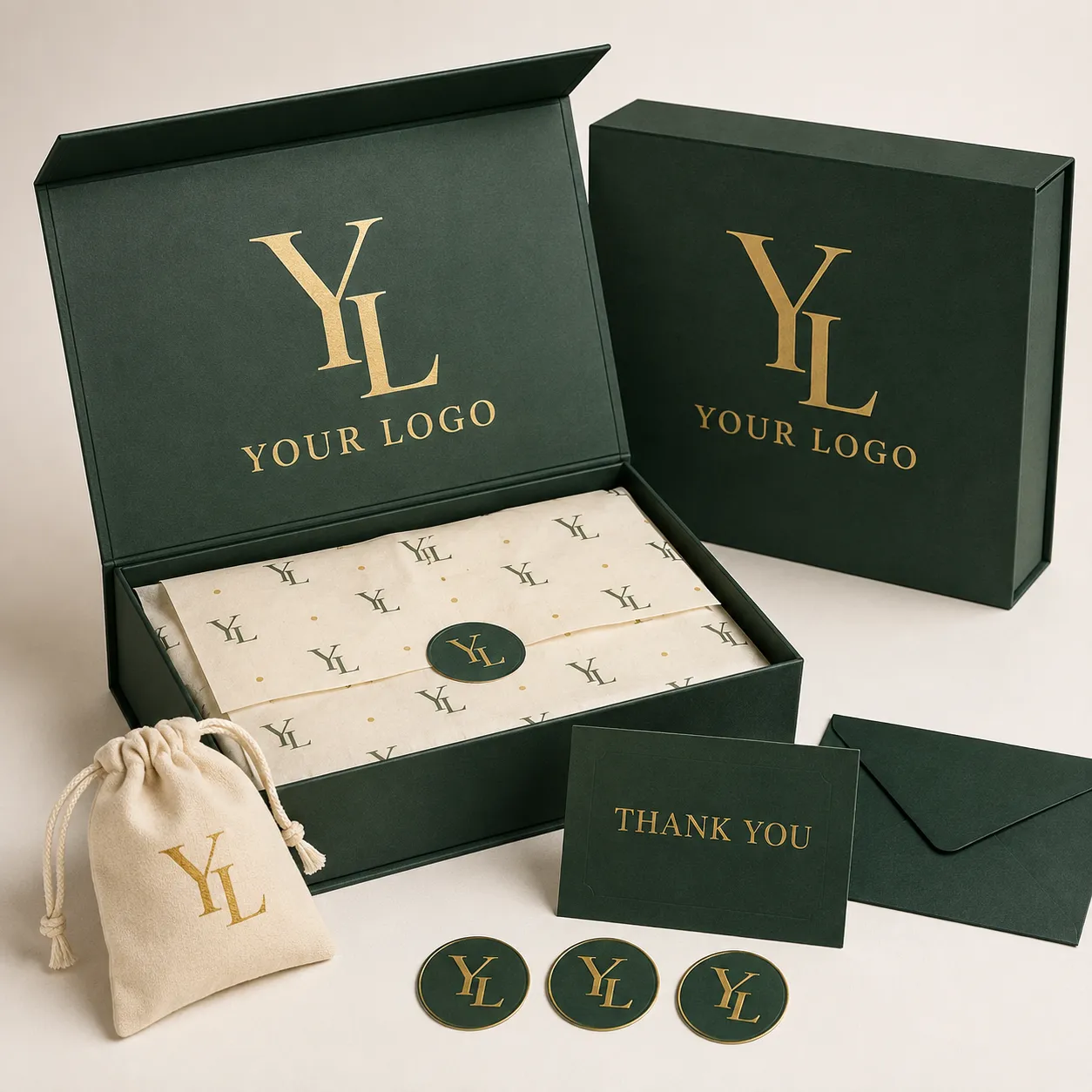 Cajas Magnéticas de Regalo Verde Oscuro con Papel de Seda y Bolsa de Terciopelo