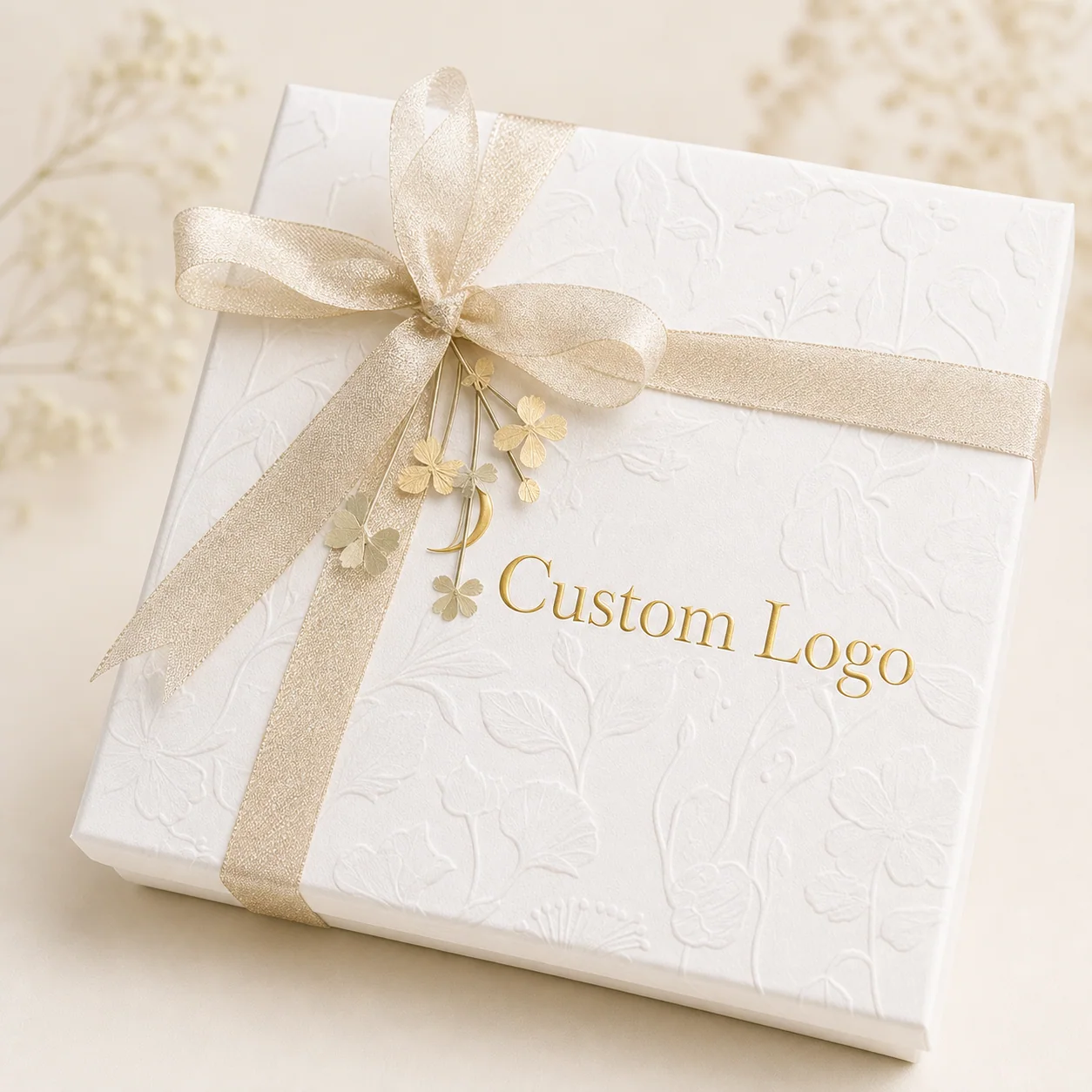 Custom Embossed Bridal Gift Boxes with Satin Ribbon customization example