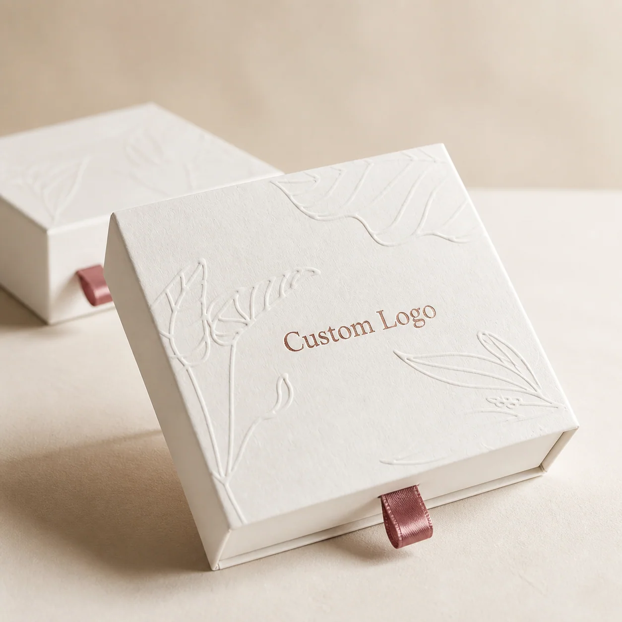 Custom Embossed Floral Jewelry Gift Boxes with Ribbon Pull customization example