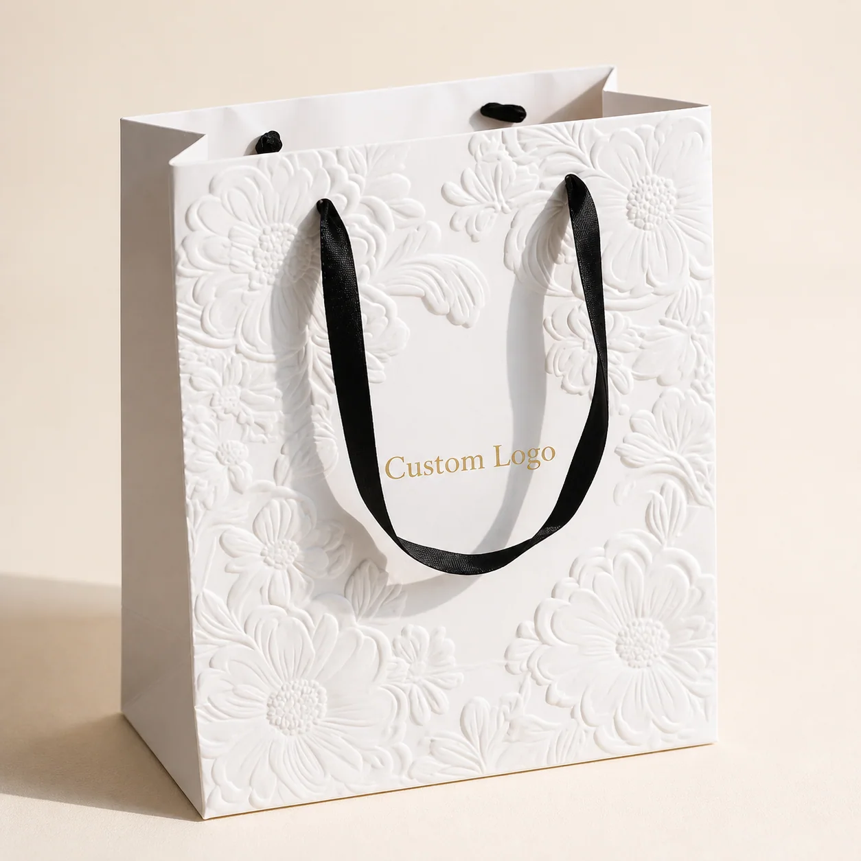 Custom Embossed Paper Shopping Bags with Ribbon Handles customization example