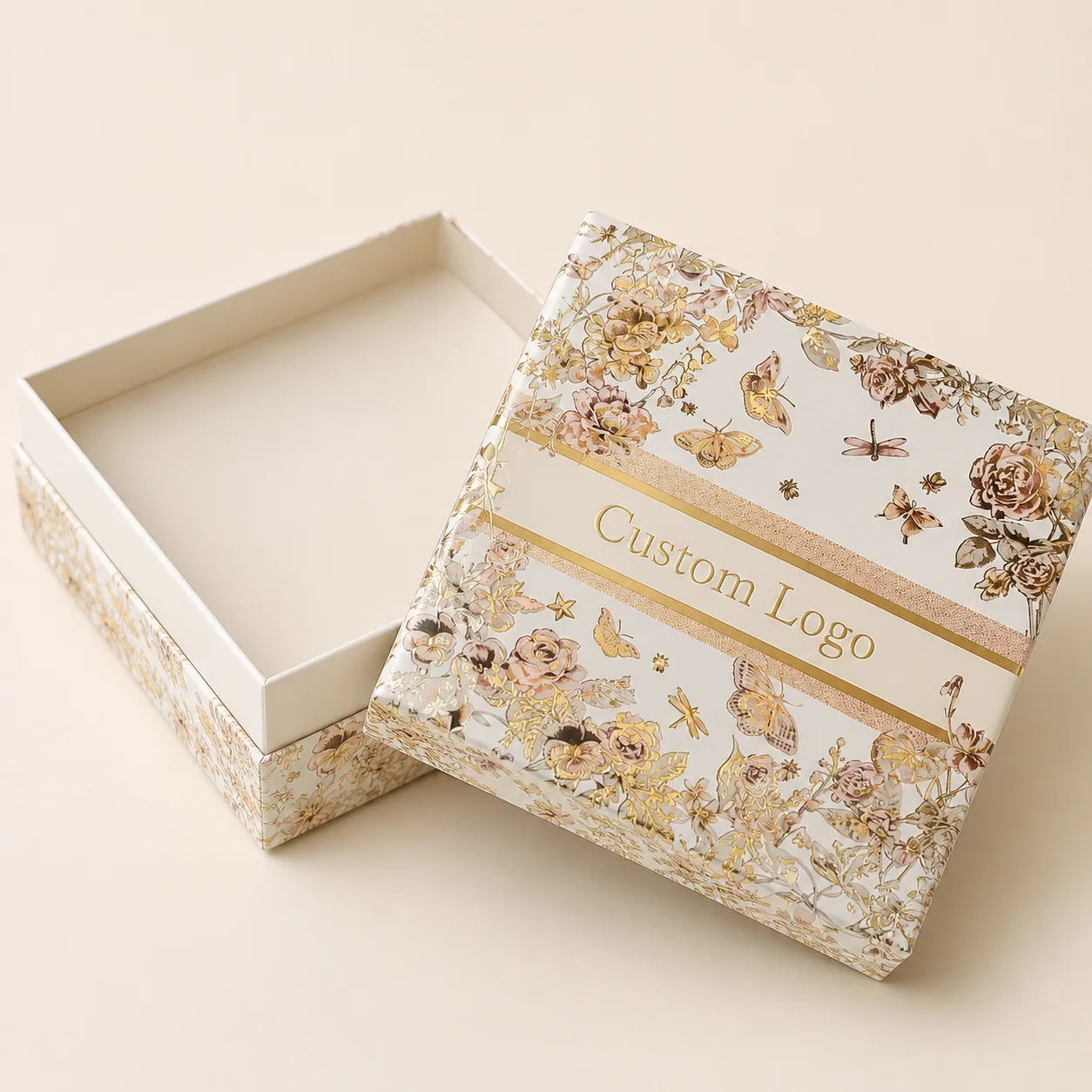 Custom Floral Rigid Gift Boxes with Gold Foil Logo customization example