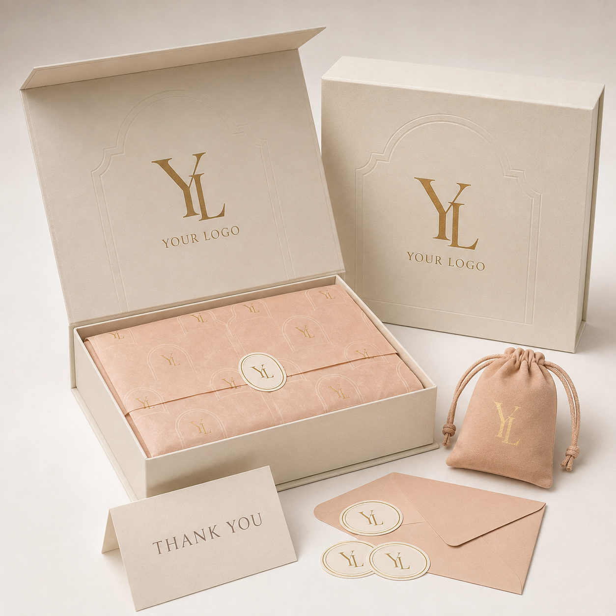 Custom Ivory Magnetic Gift Boxes with Peach Tissue & Suede Pouches main view