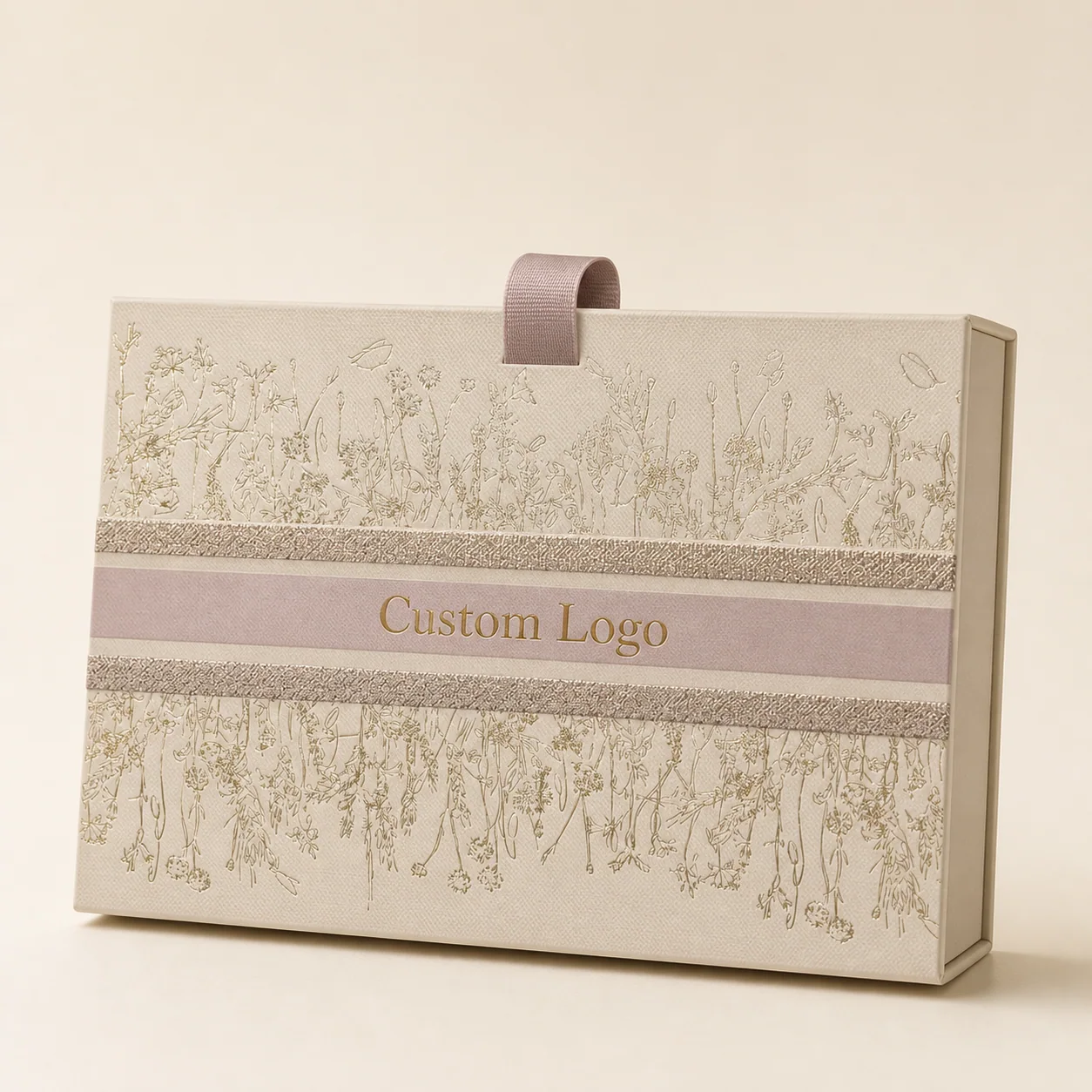 Custom Ribbon Pull Gift Boxes with Floral Foil Printing customization example
